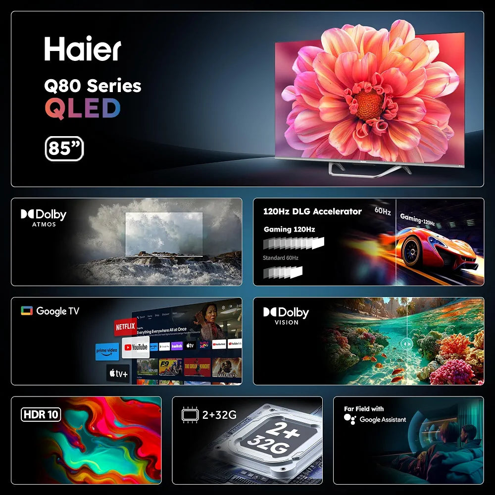 Haier Smart TV 85" QLED 4K UHD, Google TV, Gaming 120Hz, HDR10
Dolby Audio, Telecomando Smart, Google Assistant, Bluetooth 5.1, HDMI 2.1 x 4, USB 2.0, 12 Mesi DAZN Inclusi, H85Q80FUX